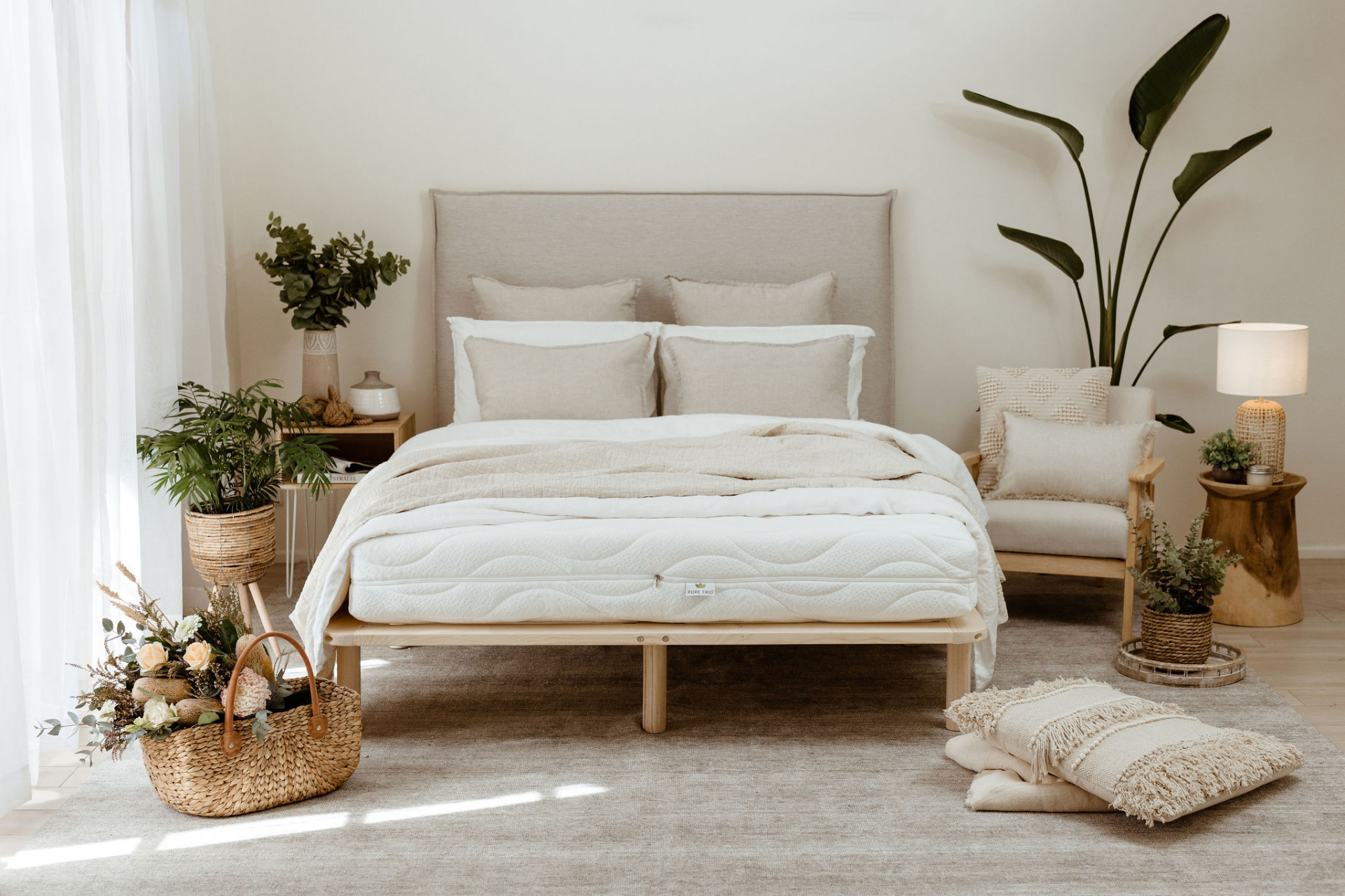 Natural latex mattress in a light filled room